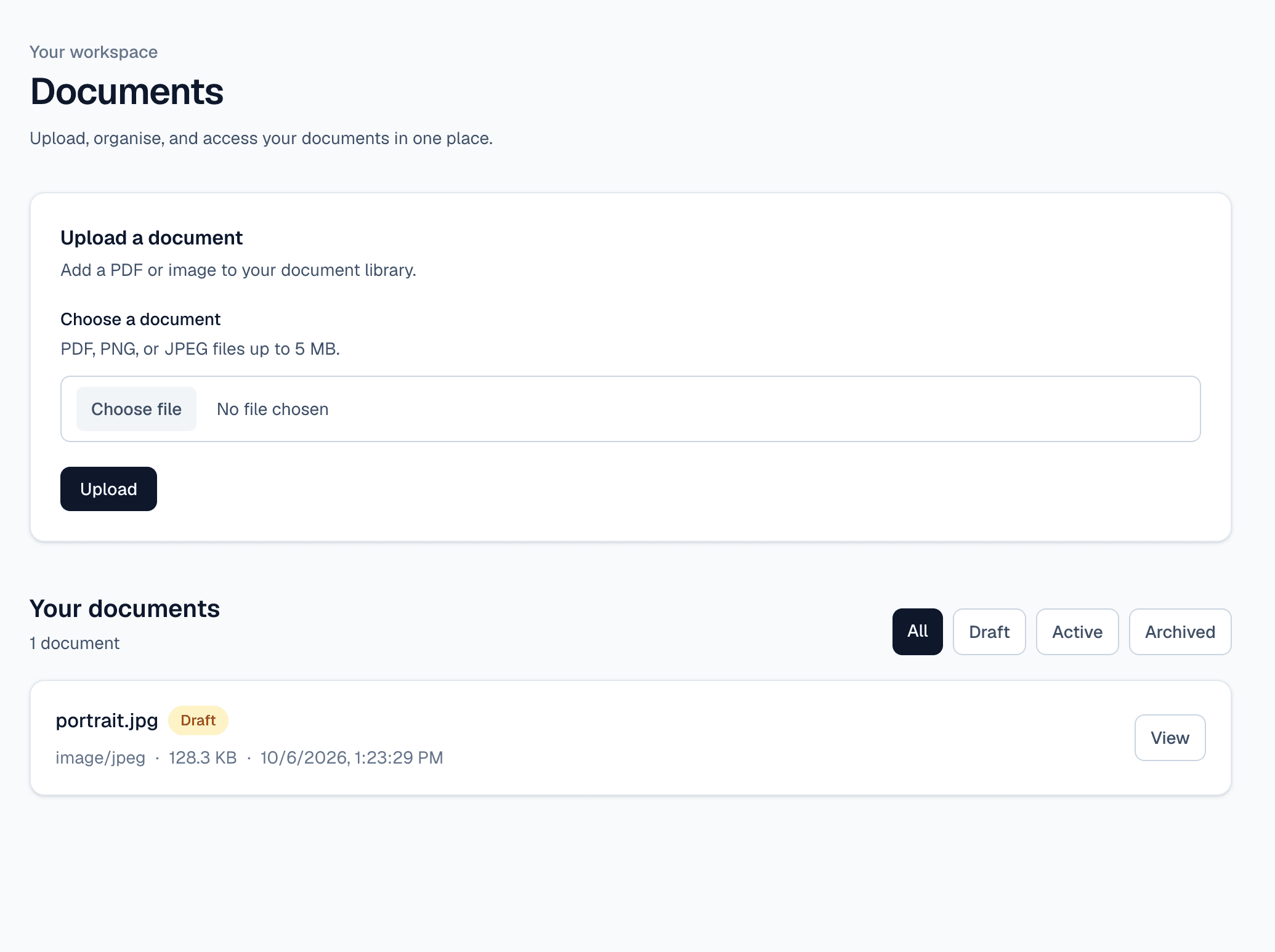 DocumentHub workspace showing document upload, filtering and document management